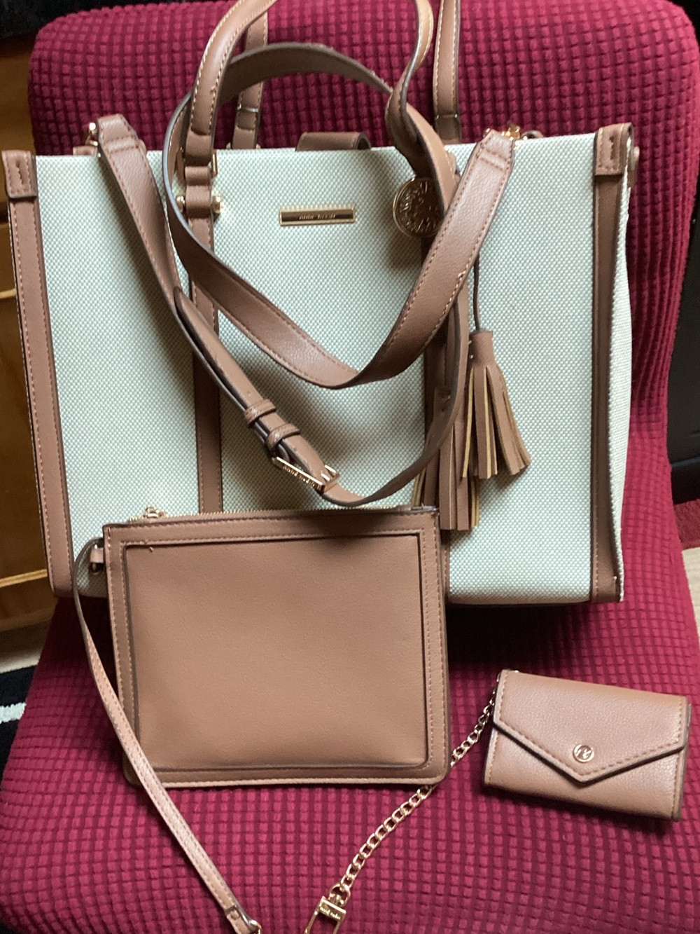 Anne Klein Beige Canvas and Tan Leather Tote with Tassel & Accessories